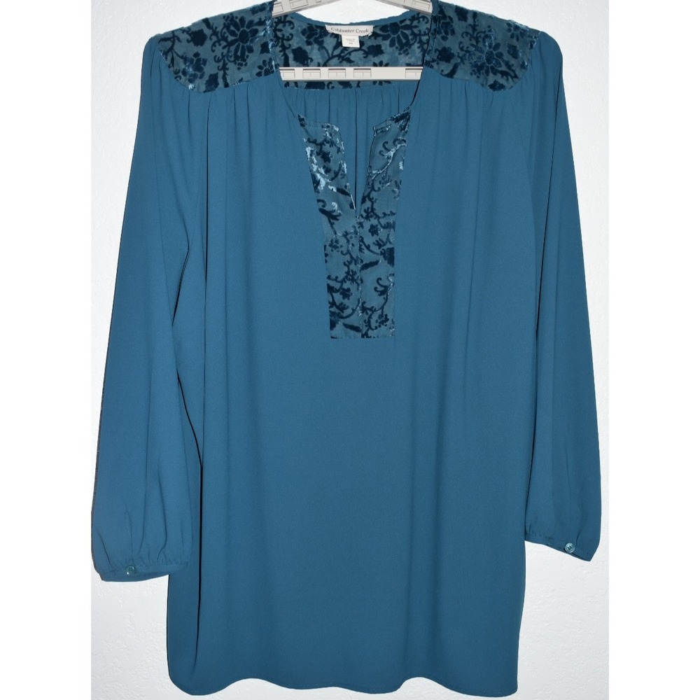 COLDWATER CREEK 2X Top Teal Blue Velvet Burnout Long Slv Dressy Whimsical Comfy